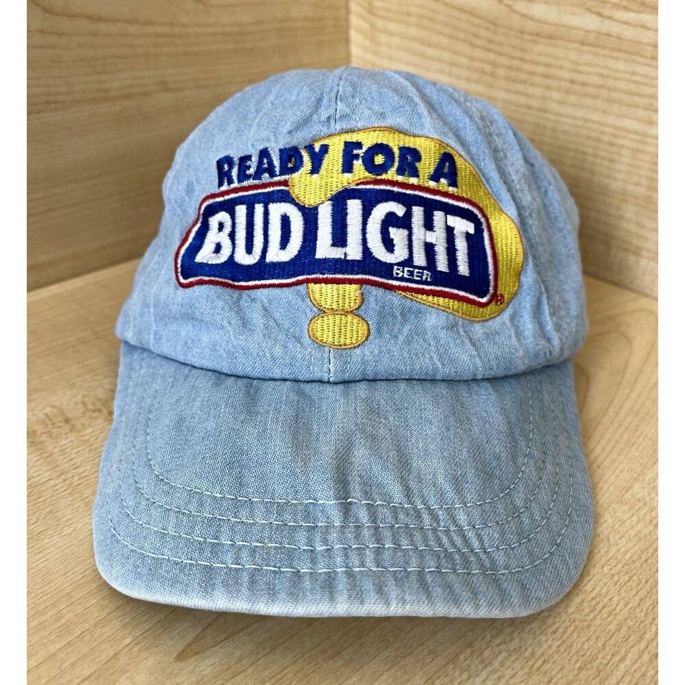 Vintage 90s Bud Light "Yes I Am" Denim Hat Cap Made in USA Ready For A Beer VTG